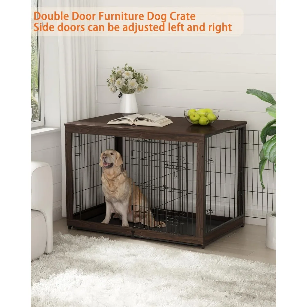 wooden dog crate furniture with divider panel, dog crate end table with fixable slide tray, double doors dog kennel indoor for