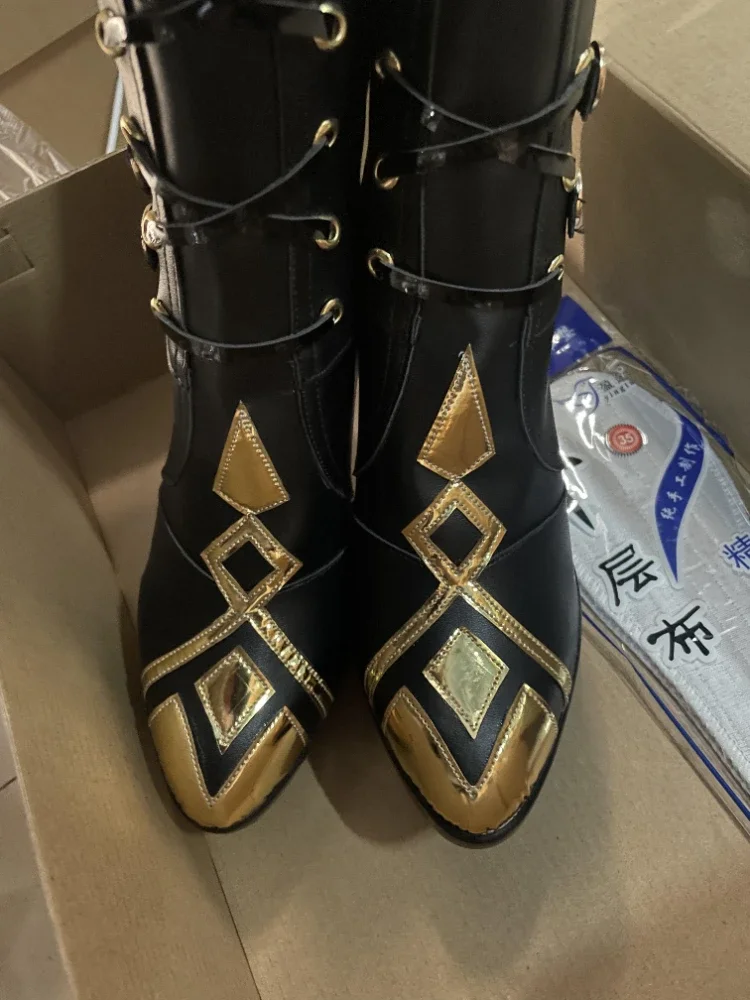 Botas de tacón alto para Halloween para niña y niño, zapatos de cuero PU, botas de Cosplay, vendaje Arlecchino, juego de impacto