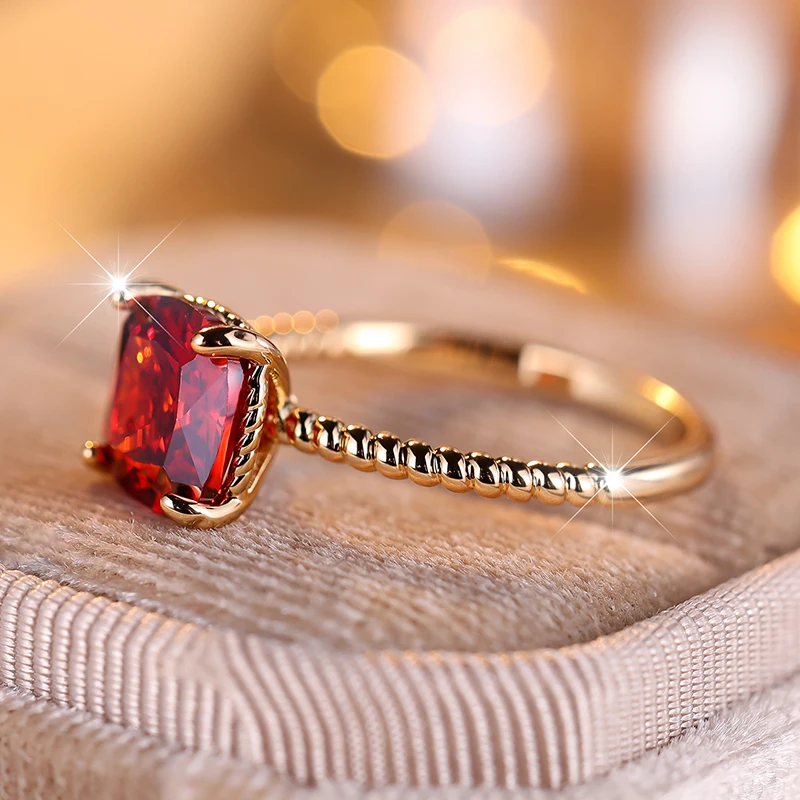 Charm 18K Gold Plated Red Stone Square Cut Princess Ring for Women Girls Creative Twist Stackable Finger Jewelry Size 5 to 10