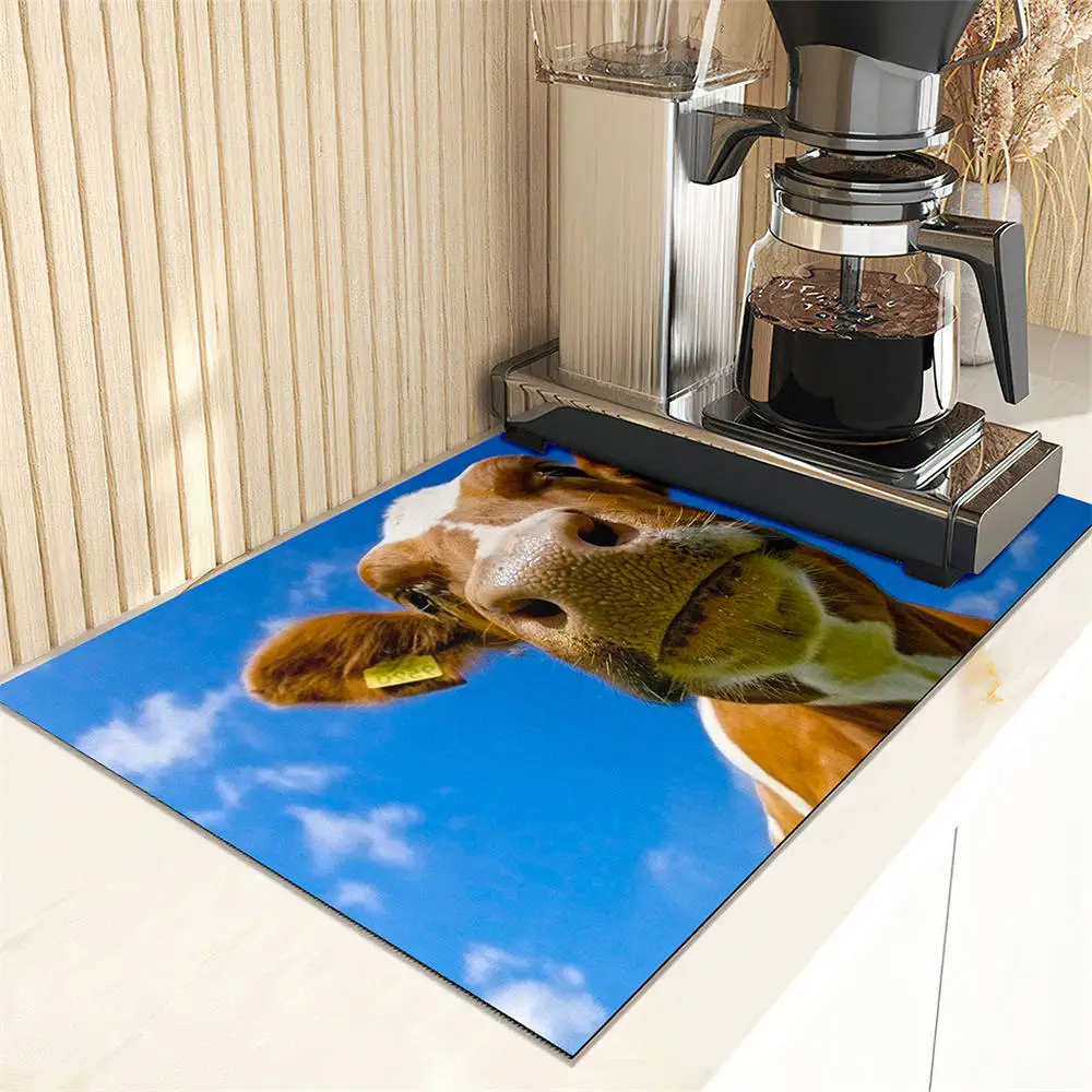 Dairy Cow Grass Pattern Dish Drying Mat Super Absorbent Kitchen Counter Drain Pads Tableware Cup Bottle Sink Waterproof Mat