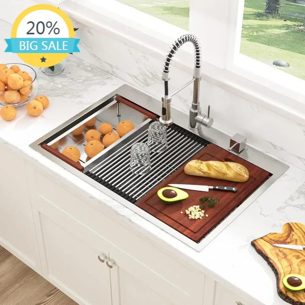 

Бестселлер: Встраиваемая кухонная мойка - 33x22, встраиваемая кухонная мойка-рабочая станция, нержавеющая сталь 16 калибра, глубокая одинарная чаша для установки с верхней загрузкой