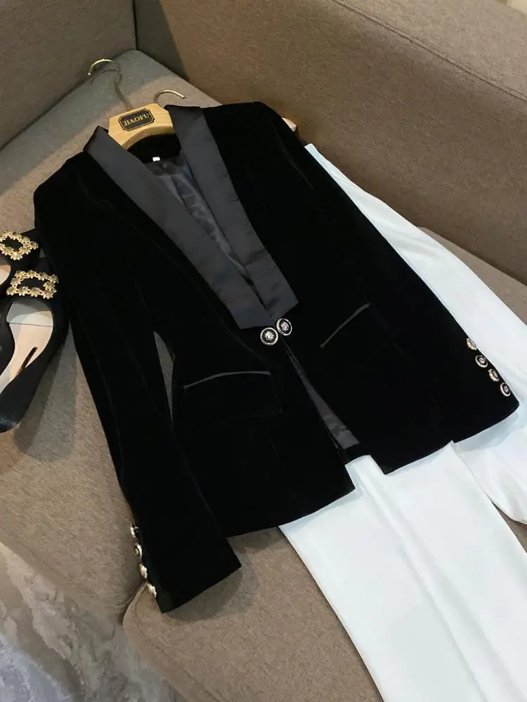 

Весенний женский бархатный костюм-пиджак 2026 года, приталенный, из сатина, с воротником на пуговицах, стандартный крой, длинный рукав, однотонный