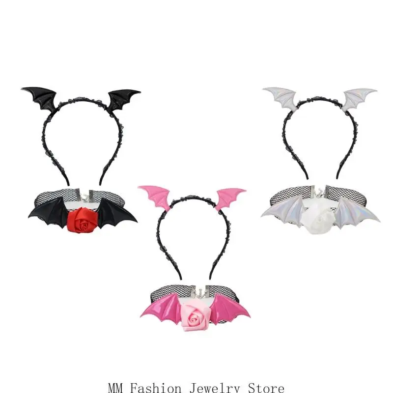 

D0UB Devil Bat Headband Flower Lace Choker Set Demons Costume Accessories Dolls Toy Carnivals Halloween Cosplay Party Props