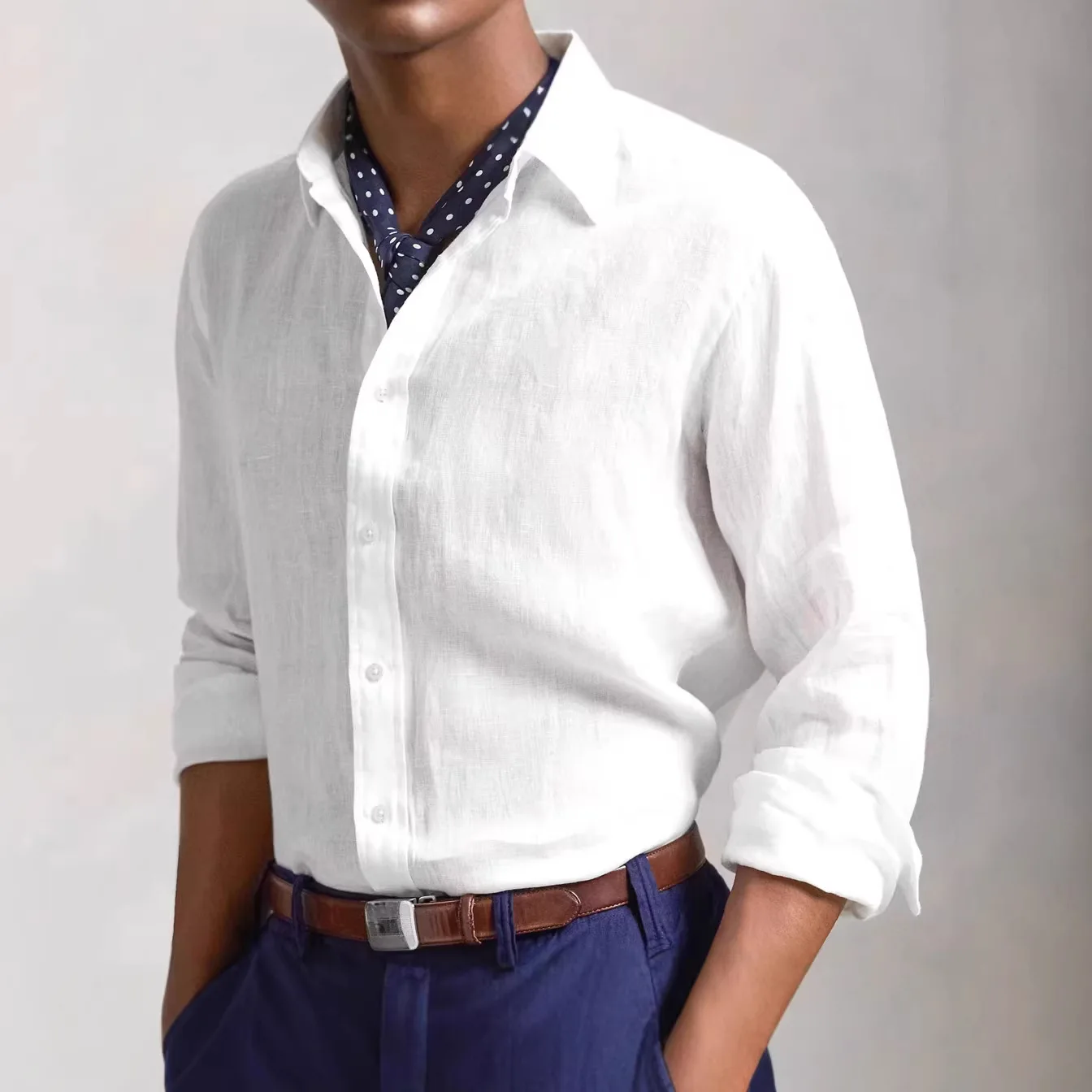 

Мужская хлопково-льняная рубашка в стиле ретро, американского кроя, приталенная, с длинным рукавом, повседневная, дышащая, элегантная, для работы