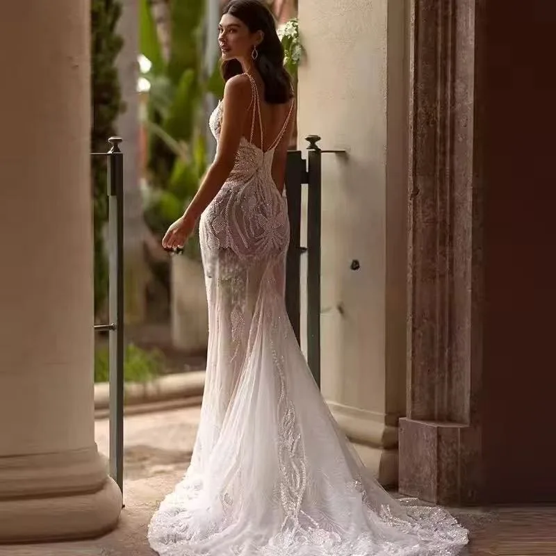 

Роскошное свадебное платье русалки с вышивкой и бисером по индивидуальному заказу, бальное платье с v-образным вырезом на бретельках, без рукавов, с открытой спиной, Vestido De Novia