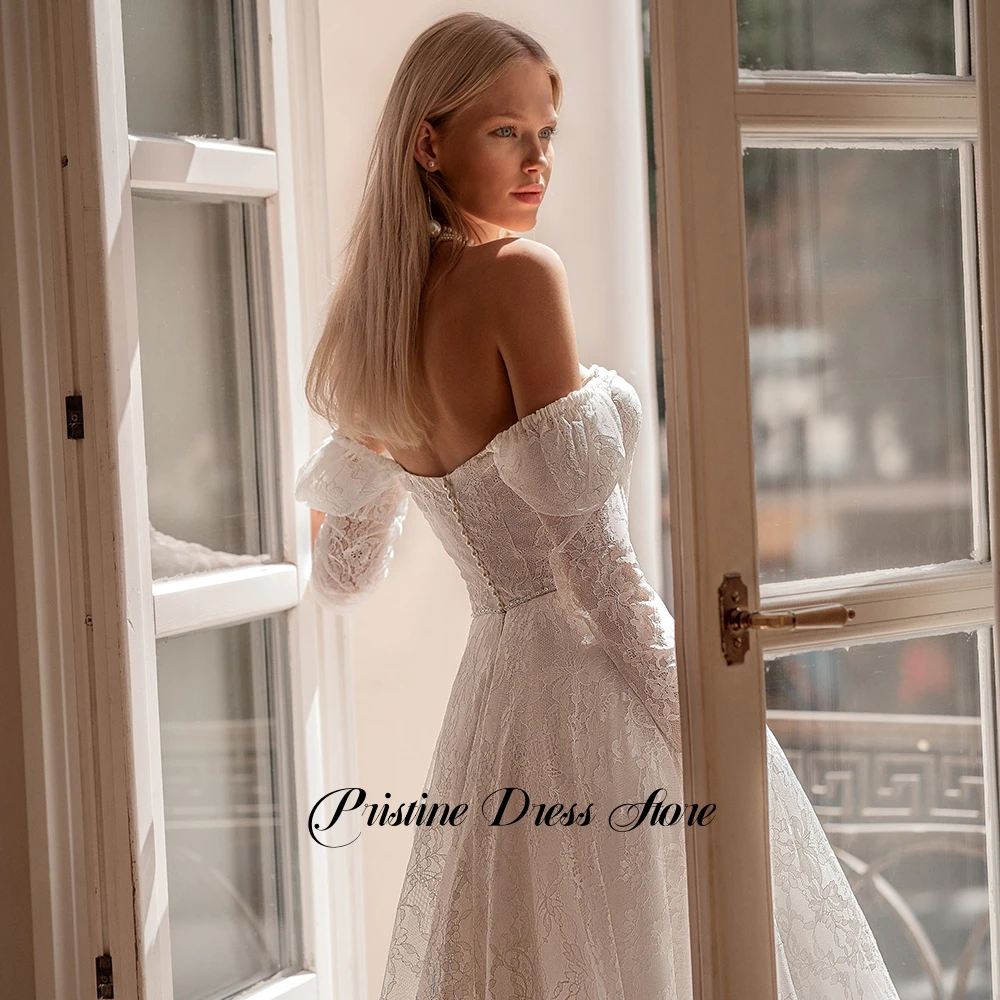 فستان الزفاف البوهيمي مخصص الدانتيل ساحة طوق قابل للتعديل طويلة الأكمام زي العرائس ألف خط تول فساتين الزفاف للعرائس