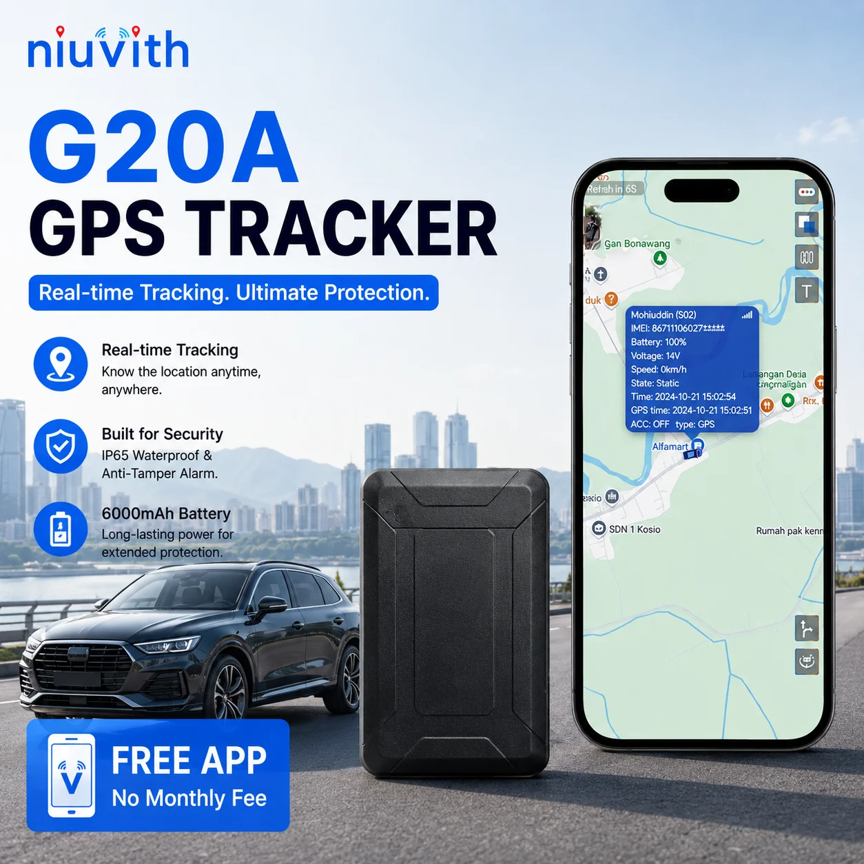 Niuvith G20A GPS Tracker 6000mAh Real-Time Vehicle Locator Free APP IP65 Waterproof Anti-Tamper for Car Truck Motorcycle