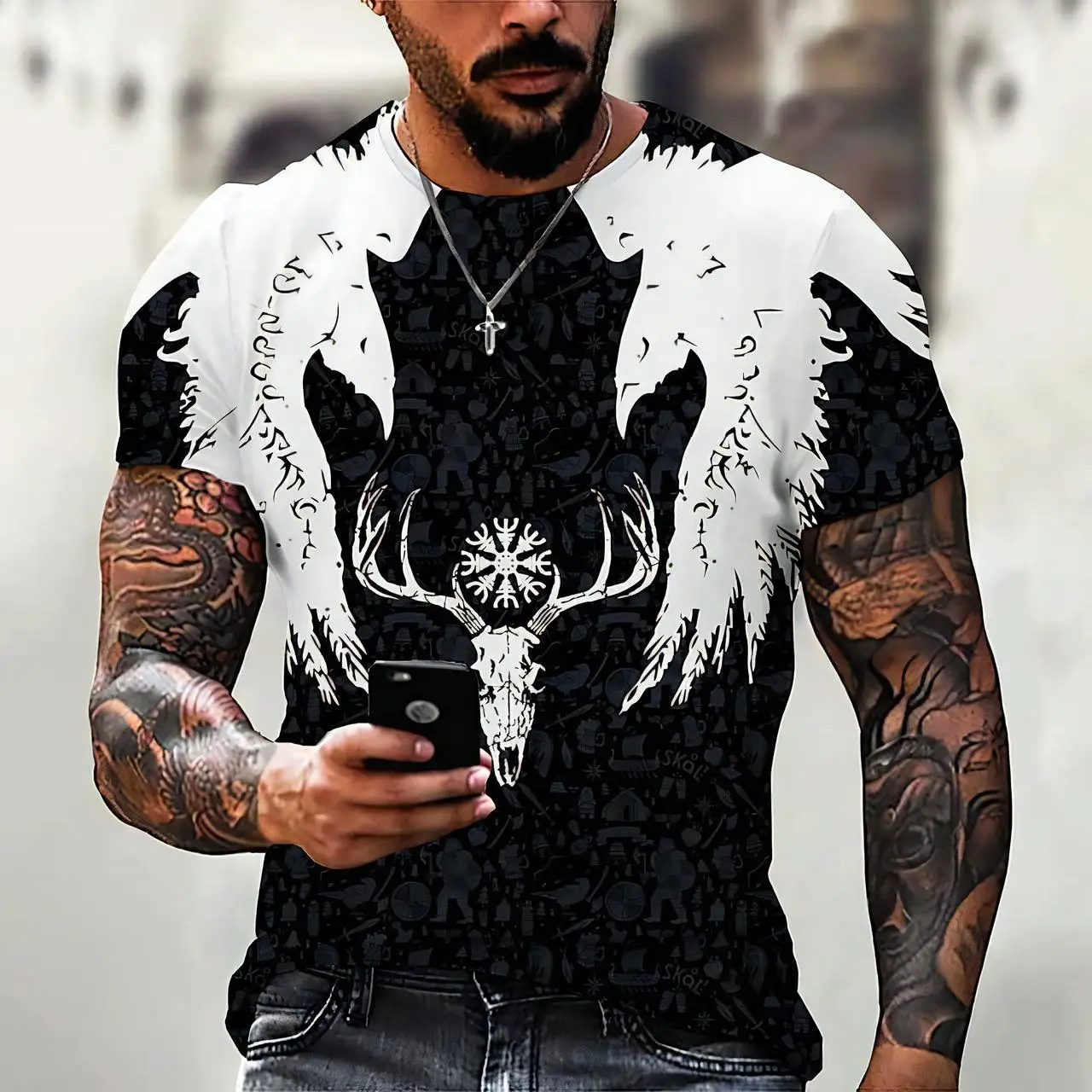 Kaus Pria Gambar Cetak Prajurit Viking 3D Lucu Pakaian Vintage Tren Hip Hop Atasan Lengan Pendek Leher-o Mode Kaus Longgar Kasual Musim Panas