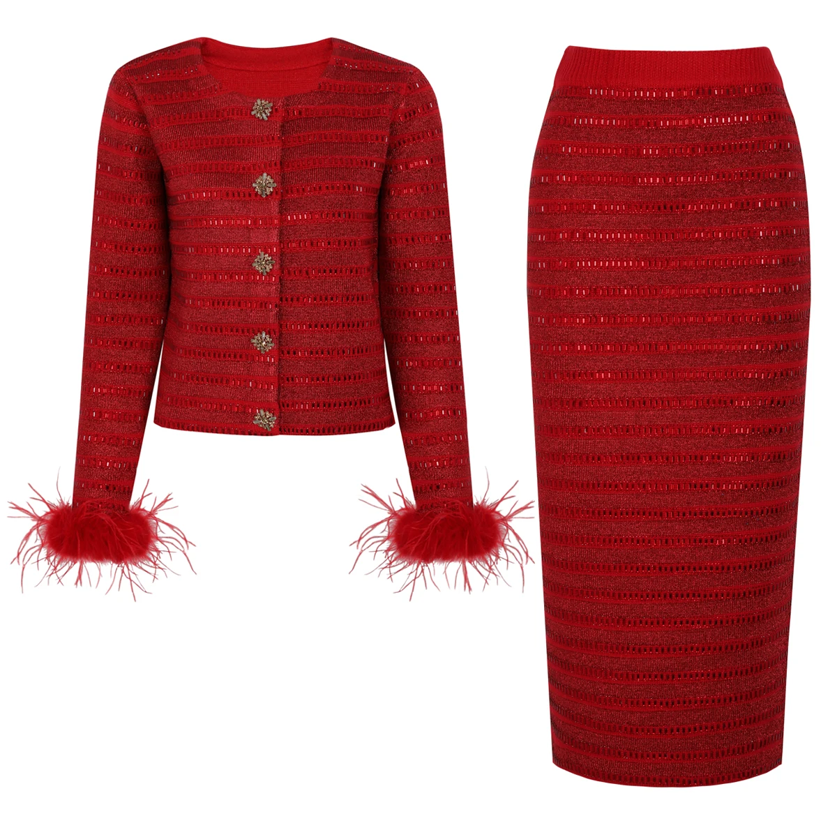 

2670 High Quality Spring And Autumn New Heavy Industry Hot Diamond Women's Top Cardigan+hip Hugging Skirt Women Set