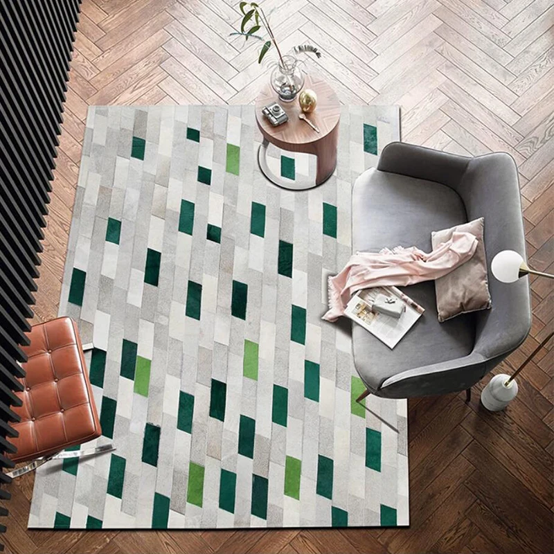 Green Simple Geometric Living Room Carpet Handmade Real Cowhide Home Floor Rug Light Luxury Villa Large Rug for Bedroom Mat