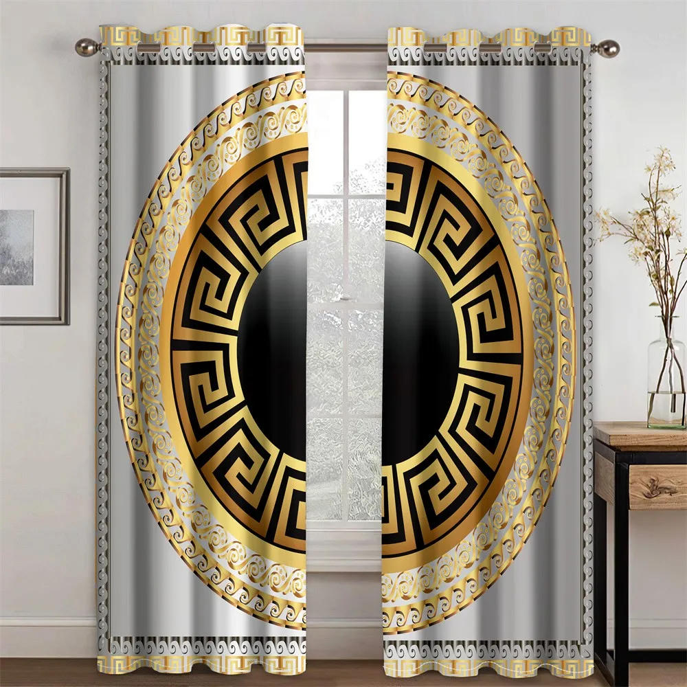 

2 Pcs Classical Greek Pattern Curtains Gold Silver Print Living Room Bedroom Study Sun Shade Curtains Luxury Style