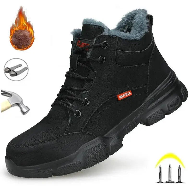 

Black Leather Winter Plush Safety Work Boots For Men Waterproof Anti Nail Pressure Labor Shoes Indestructible Steel Toe Footwear