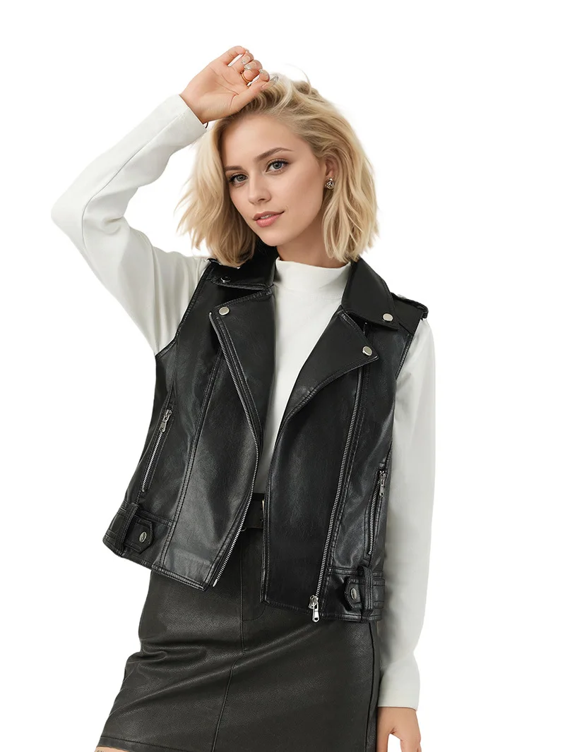 Short women's leather jacket fashionable autumn new item vest jacket versatile slim fit motorcycle suit punk black jacket