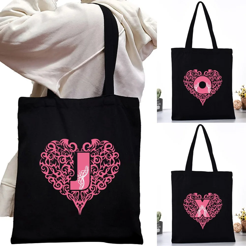 

Shopping Bag Woman Handbag Commuter Love Letter Pattern Series Black Canvas Shoulder Bag College Student 2024 Fashion Tote Bag