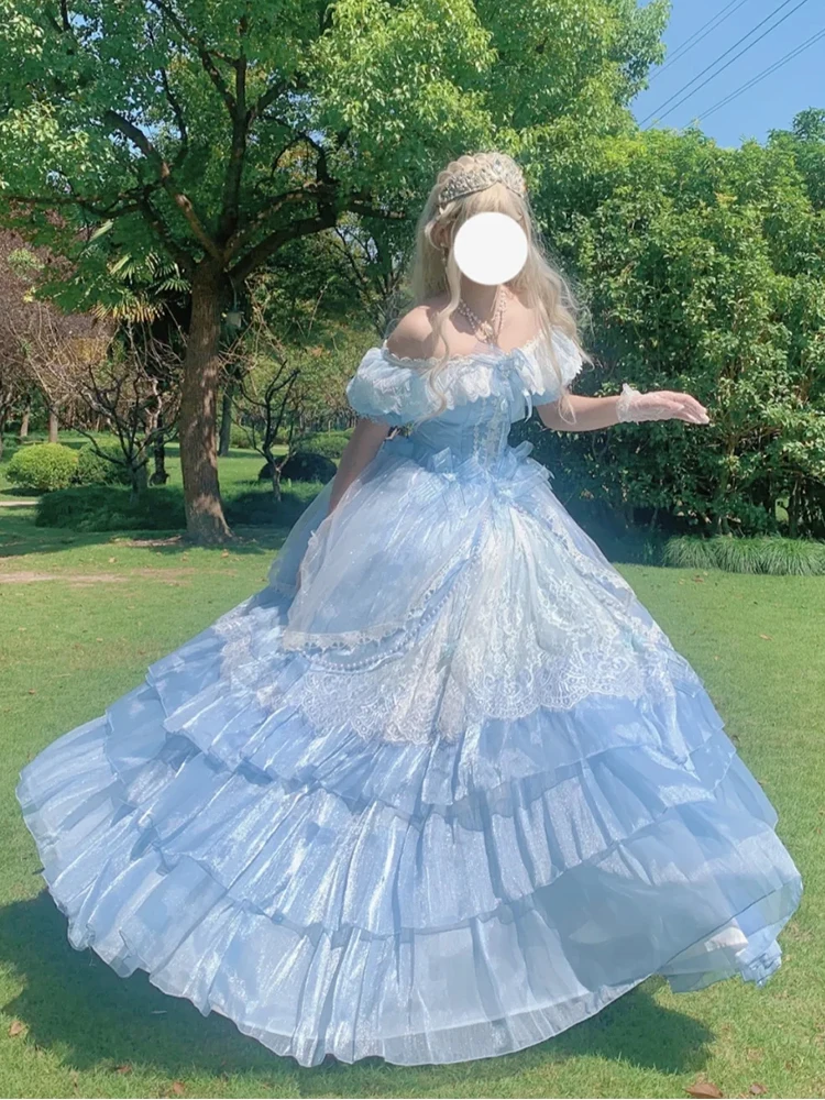 Blaues Feen-Maxikleid für den Sommer, schmal geschnitten, elegantes, schweres Blumen-Hochzeitskleid für Mädchen, süßes, schulterfreies Lolita-Prinzessinnenkleid
