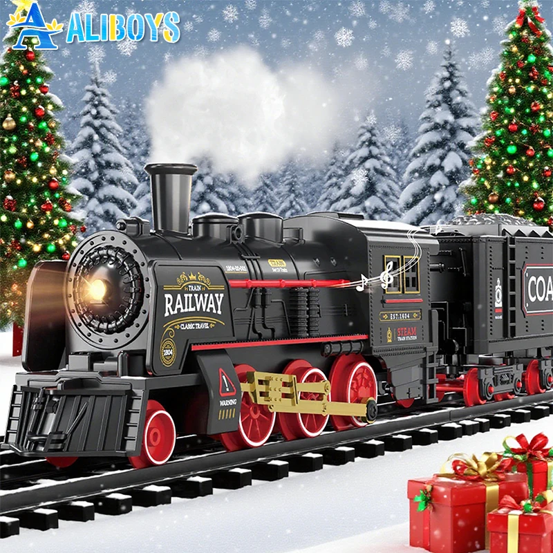 Treno elettrico Binario per locomotiva a vapore retrò fai-da-te con spruzzo Parcheggio ferroviario ad alta velocità Regali di compleanno di Natale per bambini