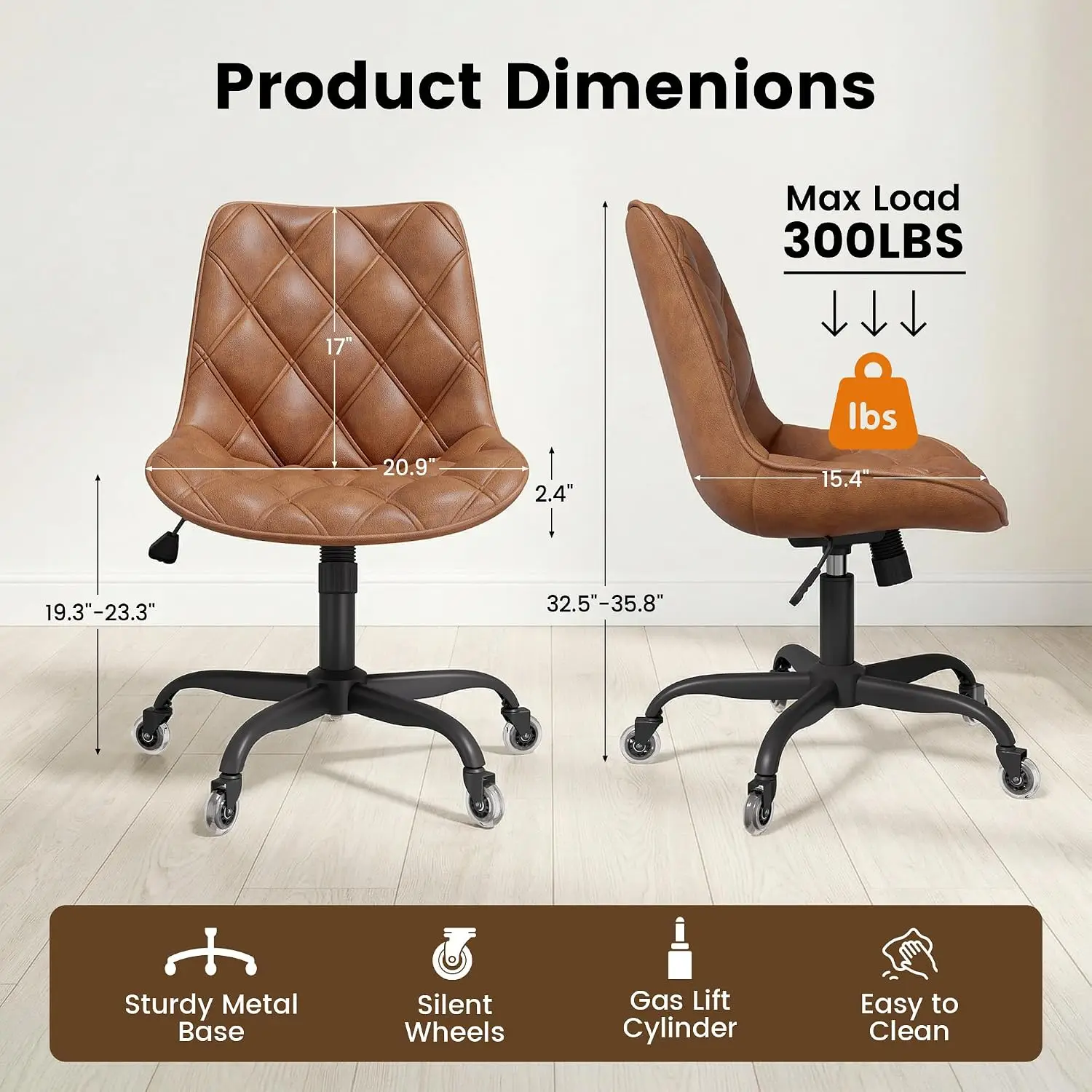 Armless Office Chair with 360° Swivel & Pneumatic Height Adjustment, Diamond-Tufted PU Leather Mid-Back Desk Chair, Quiet Rubber Wheels for All Floors