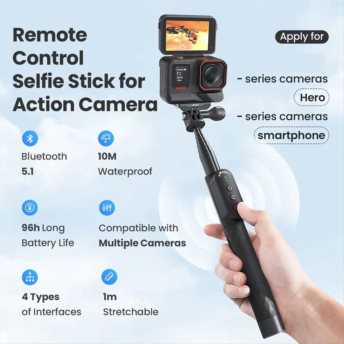 A26Z AMAGISN Extendable Monopod Remote Control Waterproof Selfie Stick for Gopro Hero 8 9 10 11 12 13 for Insta360 X4 X3 Ace A