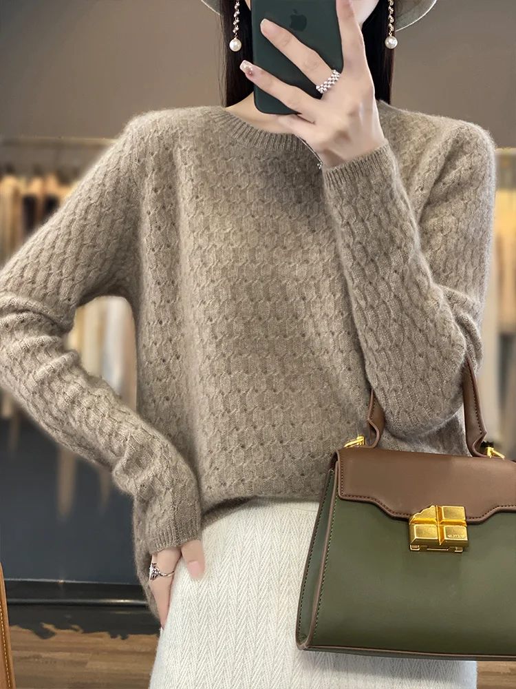 New Women' s O-neck Pullover Sweater Hollow Out Grace Basic Jumper Autumn Winter 100% Merino Wool Knitwear Female Clothing Tops