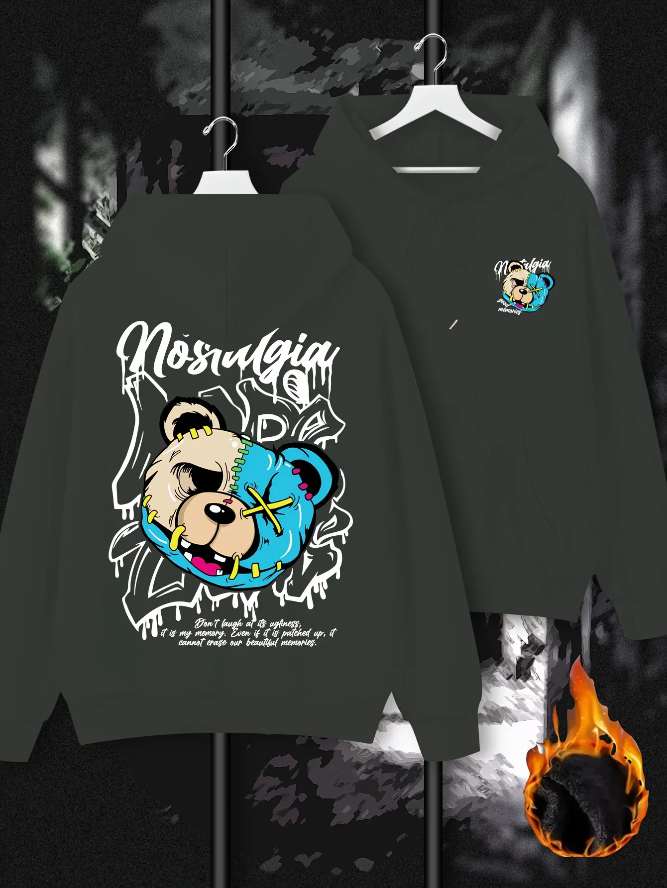 Men Hoodie Stitched Half Face Bear Head Nostalgia Graffiti Back & Chest Print Fleece Hooded Sweatshirt Casual Loose Streetwear