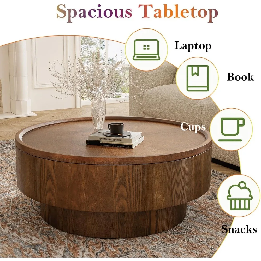 Modern 30.7 Inch Round Coffee Table with Hidden Storage, Mid-Century Style Solid Wood Living Room Table