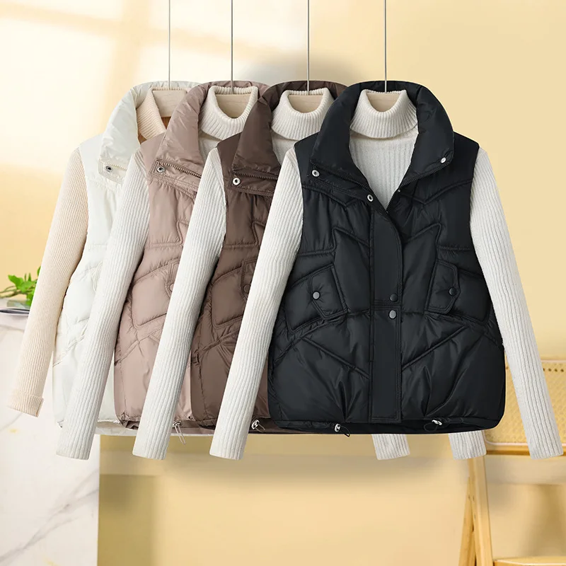 

Women's Winter Vest Solid Coloe Stand Collar Zipper Sleeveless Lady's Cropped Padded Coat Versatile Minimalist Top For Female