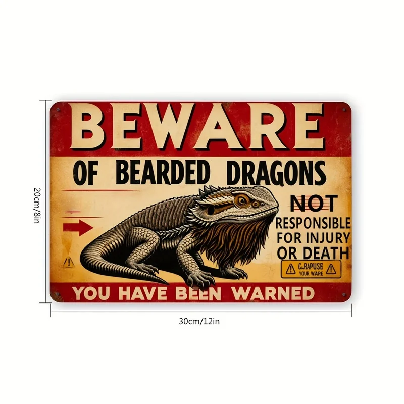 Vintage Bearded Dragon Metal Tin Sign, Beware Bearded Lizard Wall Plaque, Decor for Reptile & Dragon Lovers