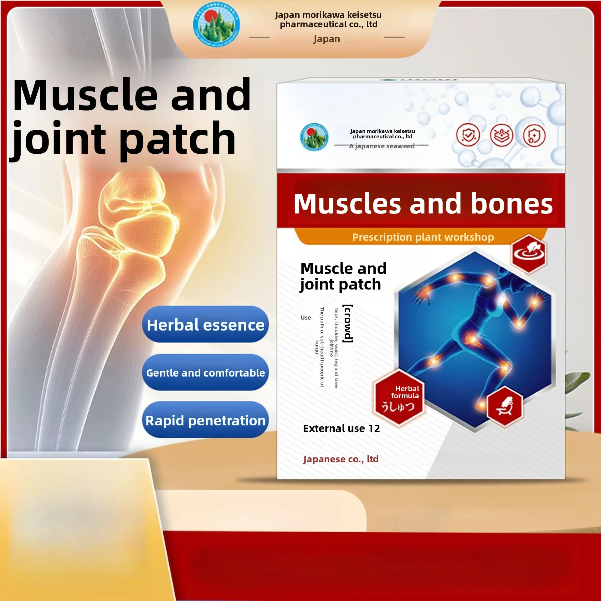 12-Pack Mori no Kawa Joint Patches - Japanese Herbal Relief for Muscle & Bone Pain, External Therapy for Quick Comfort