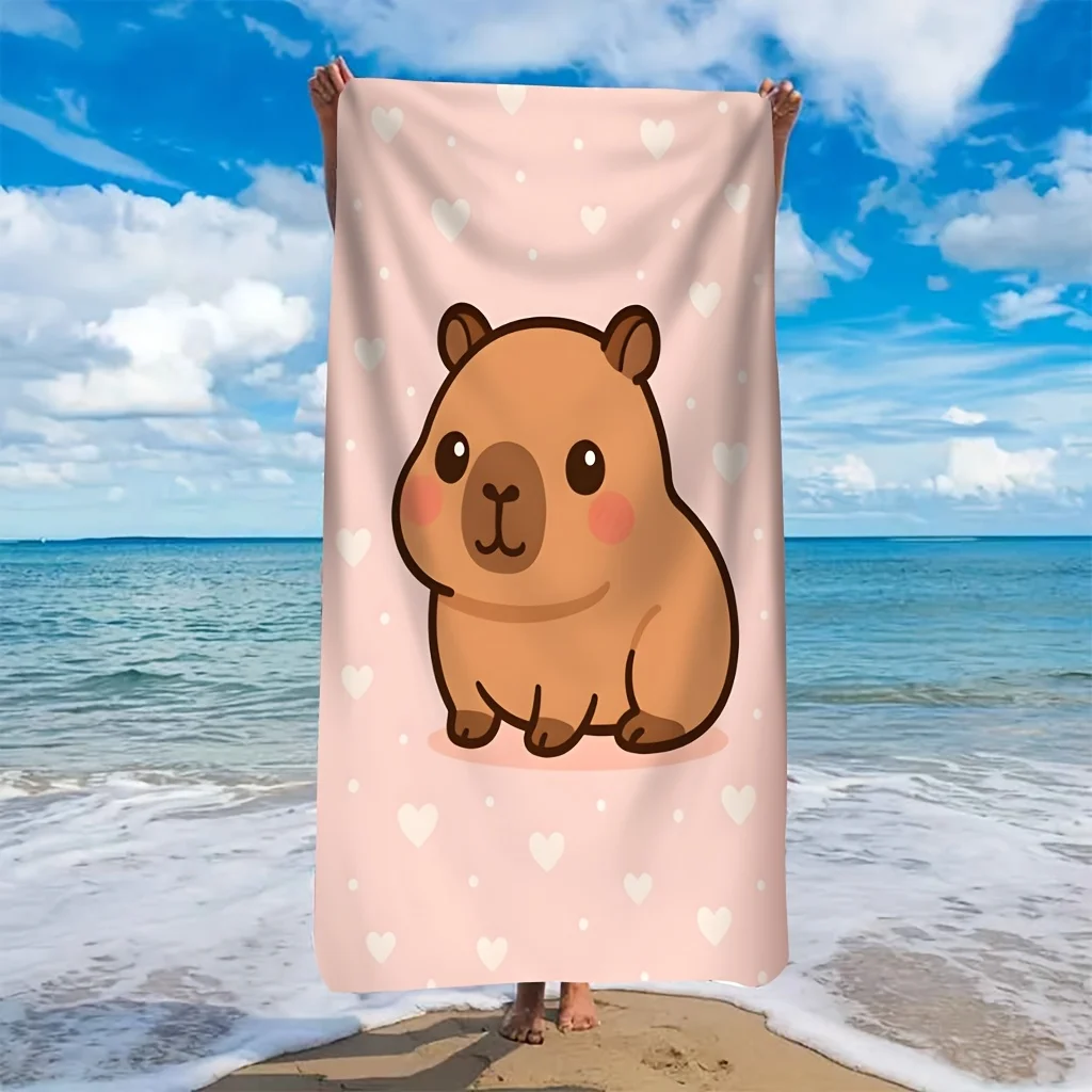 1PC Pink Heart Bottom Adorable Capybara Beach Towel Girl's Heart Quick Dry Absorbent Swimming Large Bath Towel