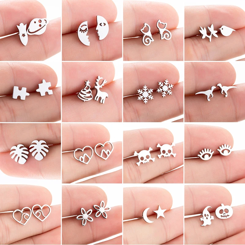 Korean Style Star Moon Ear Studs for Girls Minimalist Cat Puzzle Leaf Dinosaur Earrings Black Stainless Steel Jewelry Oorbellen