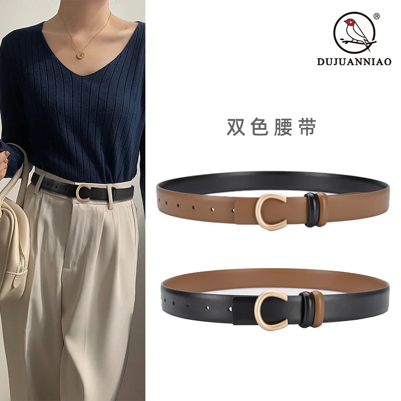 

100% genuine real leather Women's belt can be worn on both sides with inner buckle, simple thin waist belt, cowhide Korean versi