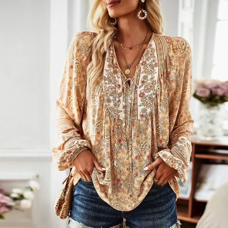 Bohemian Floral Printed Blouse Spring Long Sleeve V Neck Shirt Fashion Holiday Tunic Tops Casual Beach Lace Up Chemise 2024