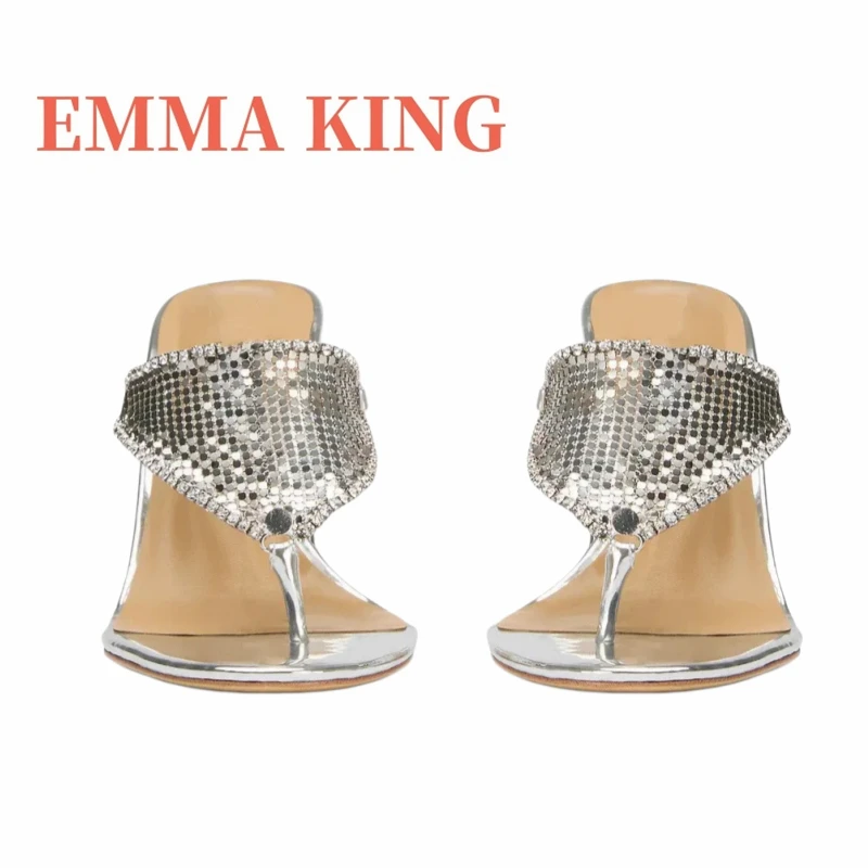 Silver Metallic Heels Open Toe Women's Mules Shoes Prom Thong Sandals Summer Fashion Thin Heeled Slide Sandals T-Strap Mules view 3