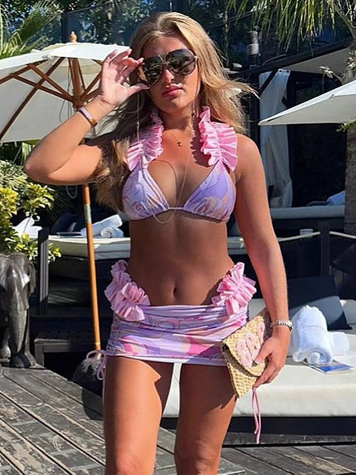 2024 neue Badeanzug weiblich 3 Stück geraffte Bikini Set Frauen Bade bekleidung Beach wear Badeanzug Bikini Set Blumen rock Biquini