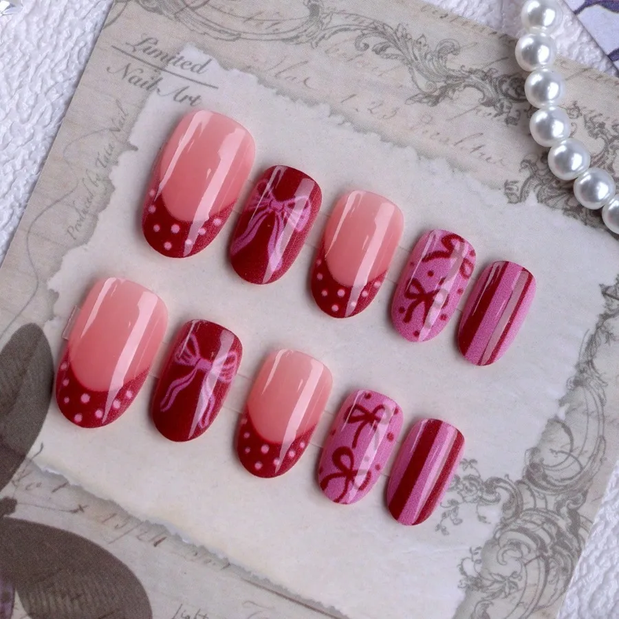 

24Pcs Almond Pink Valentine's Day Press On Nails, Rose Red Polka Dot & Bow Design, Reusable Wearable Nails