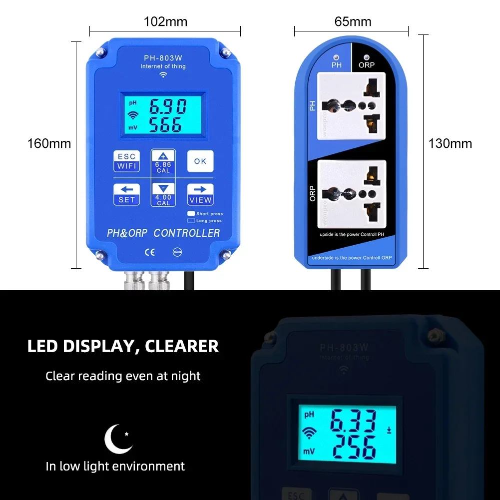 Controlador Digital Ácido-base e Redox, Alta Precisão, Monitoramento WiFi, Medidor de PH, ORP, KL-803W