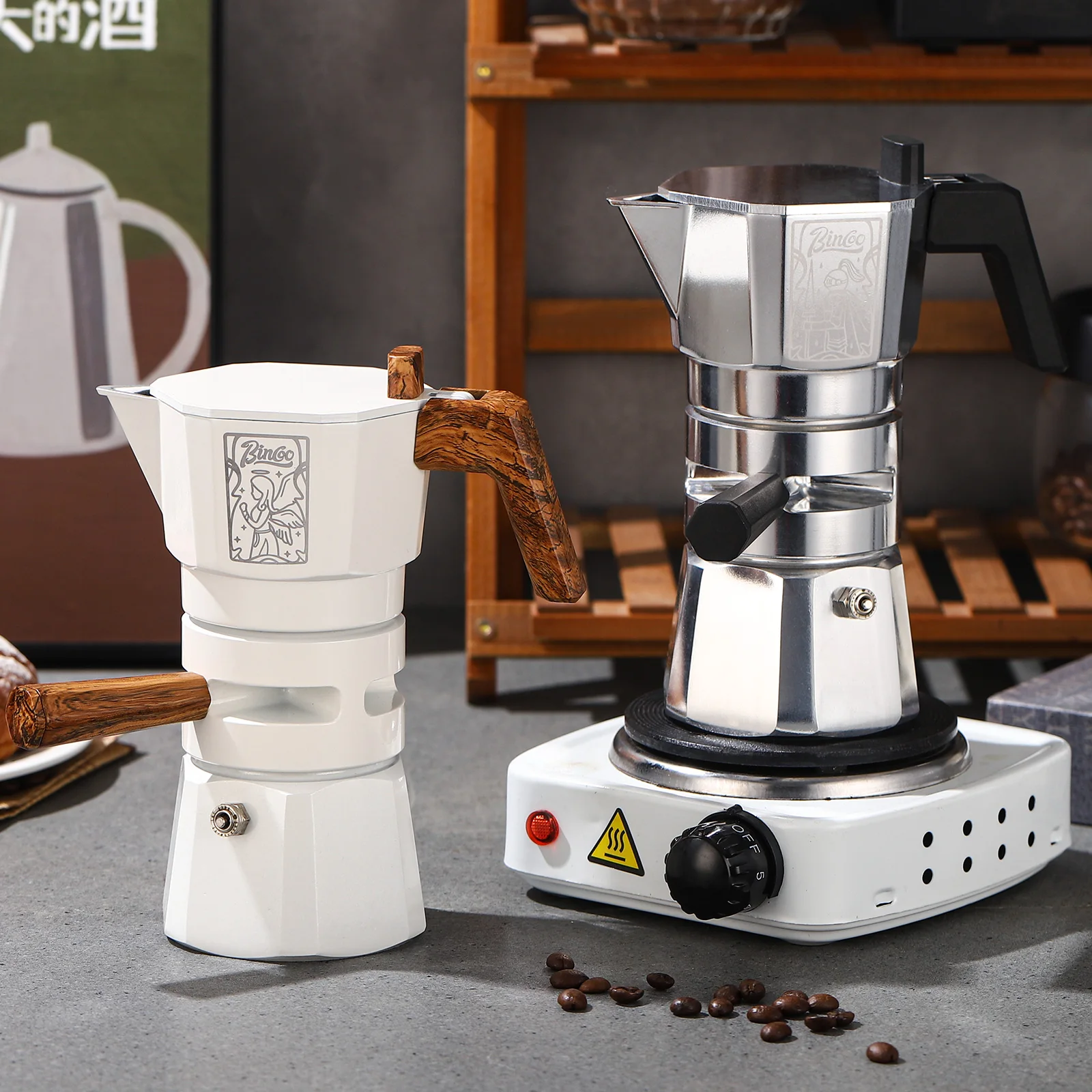 

Bincoo Thermo кофеварка с двойным клапаном, портативная кофеварка Moka со стабильностью температуры для кемпинга, путешествий, домашнего использования