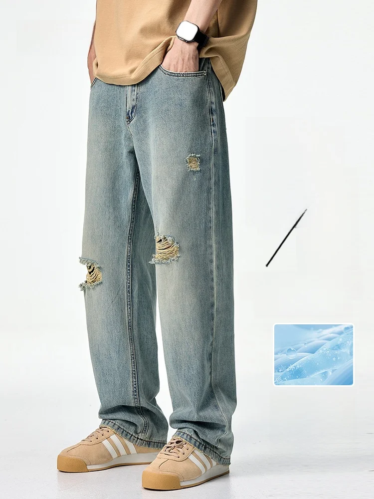 

GLM Мужские рваные джинсы в американском стиле ретро, летние тонкие повседневные свободные длинные брюки из ледяного шелка, широкие брюки, хлопок, полиэстер, L...