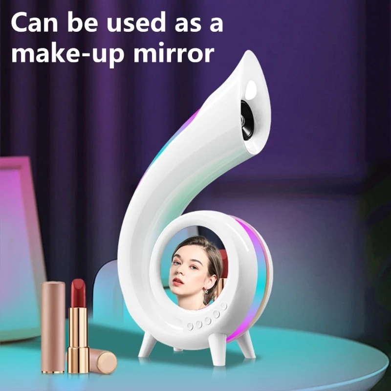 Multifunctional Bluetooth-compatible Speaker with Colorful Light Effect,8 in 1 Night Desk Lamp Alarm Clock Makeup Mirror 96BA