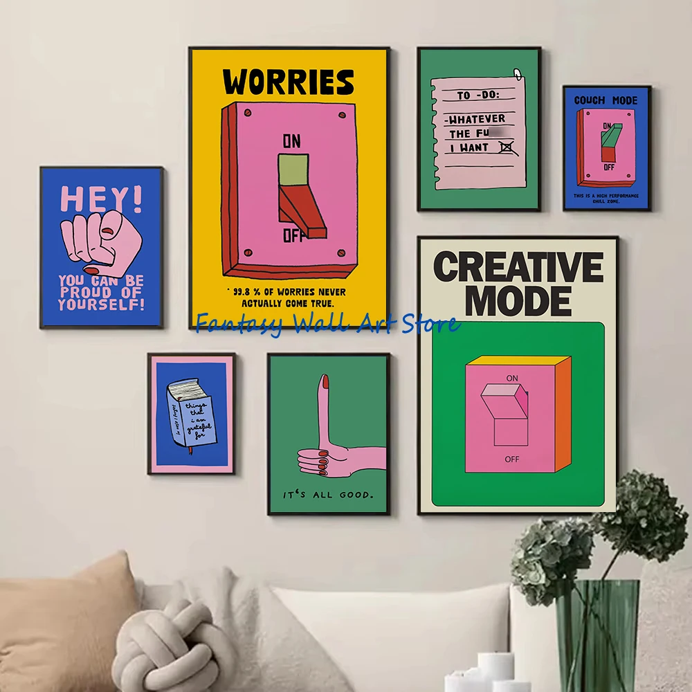 No Worries Creative Mode Retro Illustration Positive Quotes Cartoon Poster Mental Health Inspirational Wall Decor Canvas Prints