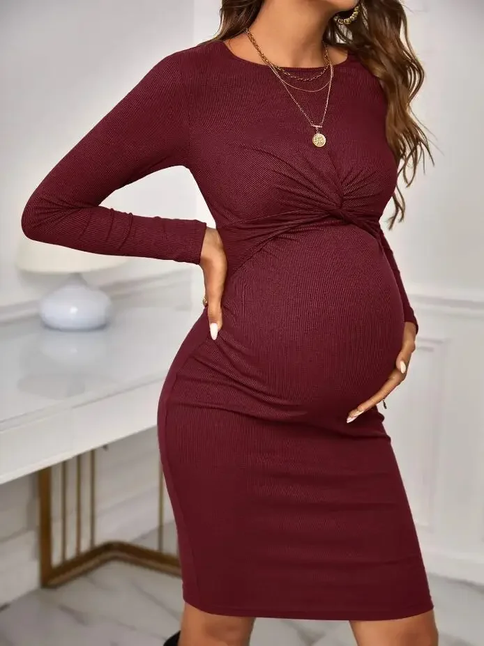 

Solid Maternity Long Sleeve Dresses 2023 Autumn Pregnant Women Criss Cross Knitted Midi Dress Premama Clubwear Bodycorn Clothing