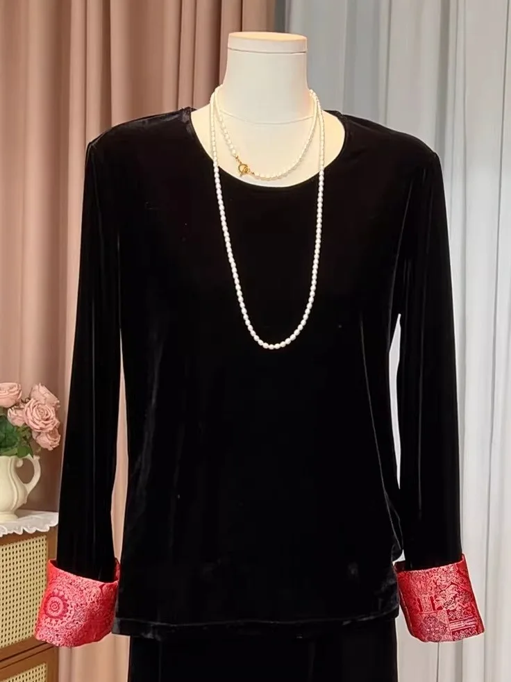 

Ретро-топ свободного кроя с длинными рукавами и круглым вырезом из бархата для женщин, весна 2026, новинка