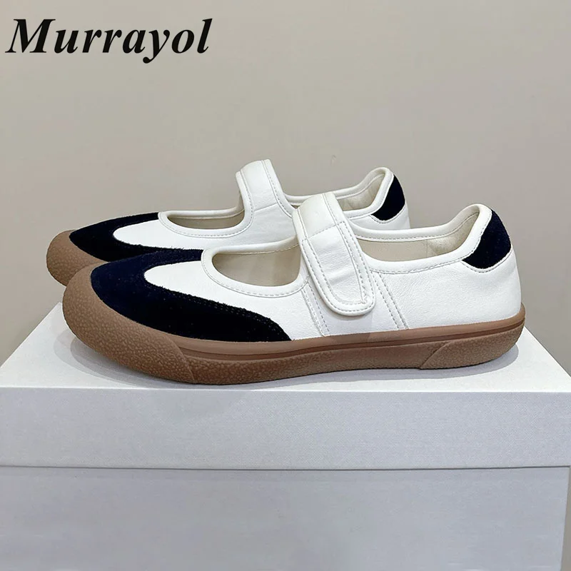 

Genuine Leather Suede Splicing Mary Jane Shoes Women Round Toe Mixed Colors Flat Shoes Spring Autumn Leisure Single Shoes
