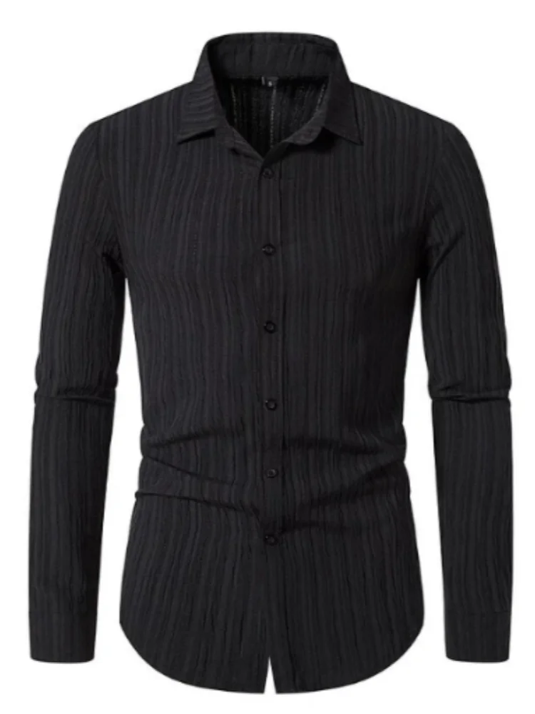 Men Stretch Wavy Texture Long Sleeve Shirt Slim Lapel Collar Casual Business Button Up Top