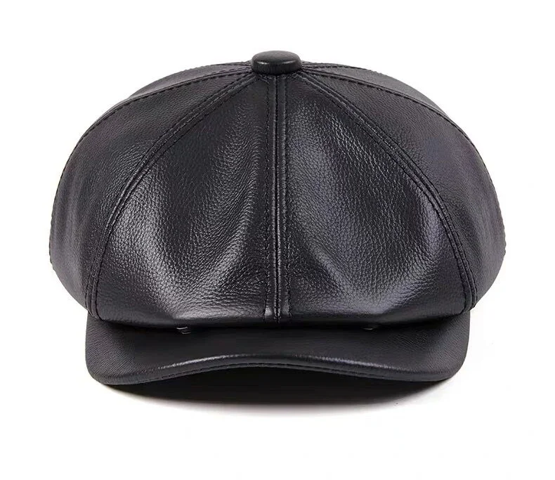 New 2024 Genuine Leather Hat Cap Cowhide Beret Warm Cotton Men Padding Brand Brown/Black Duck Hat