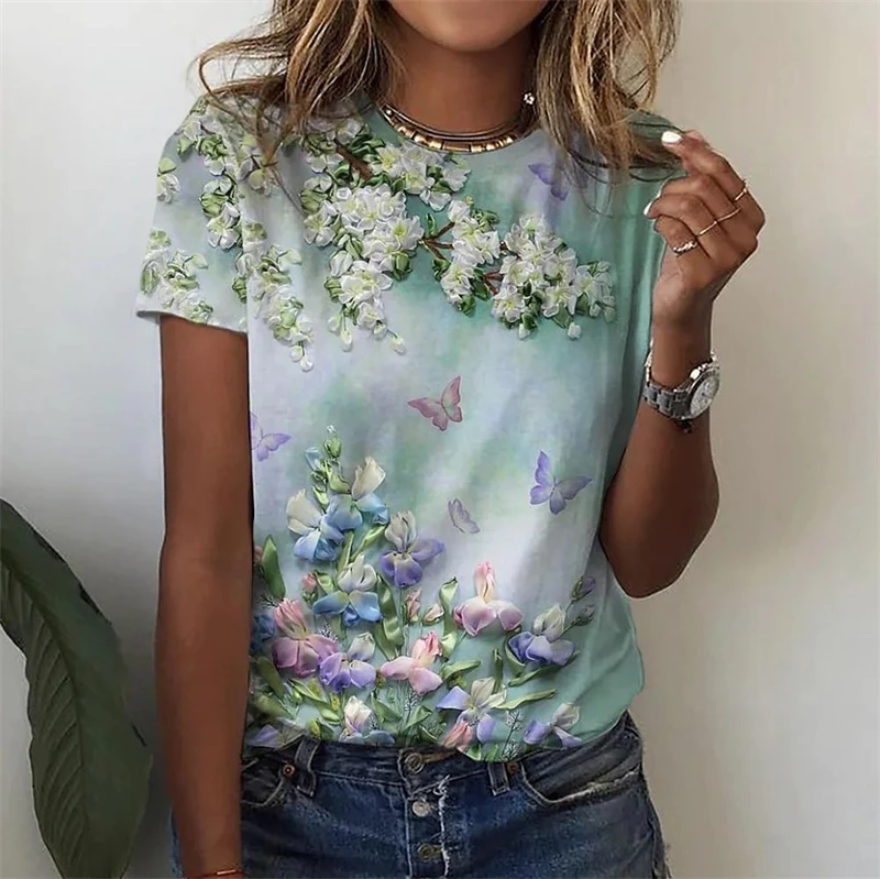 New T Shirt For Women's Clothes Fashion Tops For Woman 3D Flower Butterfly Print Female Short Sleeve Casual Women Y2k T-shirt
