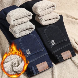 Winter Men's Fleece Jeans Classic Straight Casual Sherpa Thermal Trousers Thickened Warm Stretch Wool Velvet Denim Pants