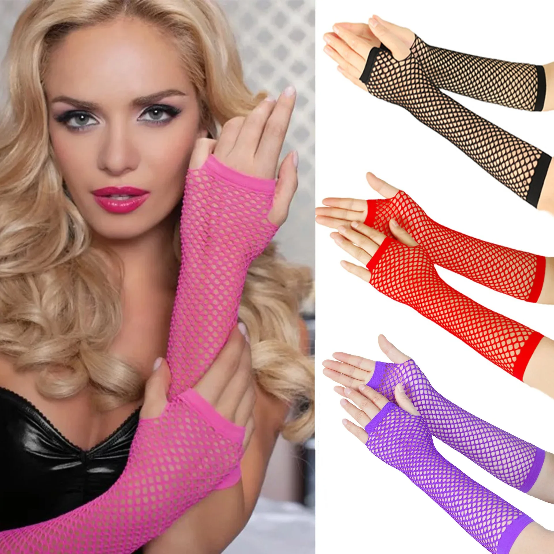 Nouveaux gants en maille gants en résille néon mitaines noir rouge vêtements transparents robe fantaisie pour femmes filles Sexy Punk Goth gant de danse
