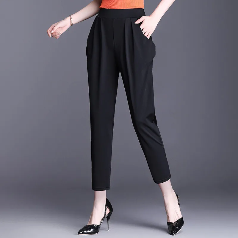 High Elastic Summer Thin High Waist Loose Slim Middle Aged Mother Black Fat MM Casual Nine cent Harun Pants Women