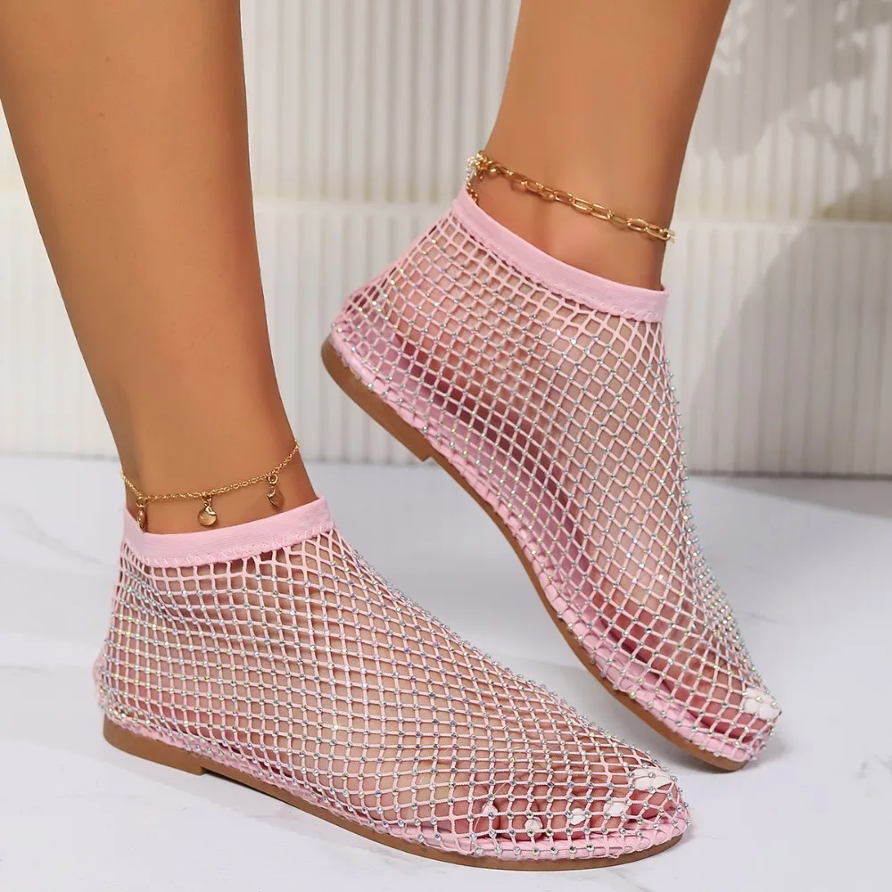 

Round Toe Holiday Rhinestone Sandal Slipper Waterproof Non-Slip Mesh Seaside Sandals Flat Shoes Shiny Sexy Ankle Boot Summer